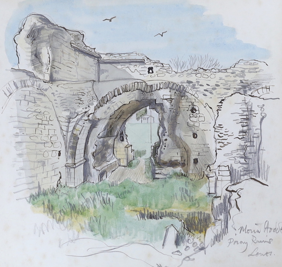 Moira Hoddell, four ink and watercolours, including Plymouth and Priory Ruins, Lewes, together with a ink sketch by the same hand, Rebuilding The Temple Cloisters, dated 1951, each signed, largest 45 x 37cm